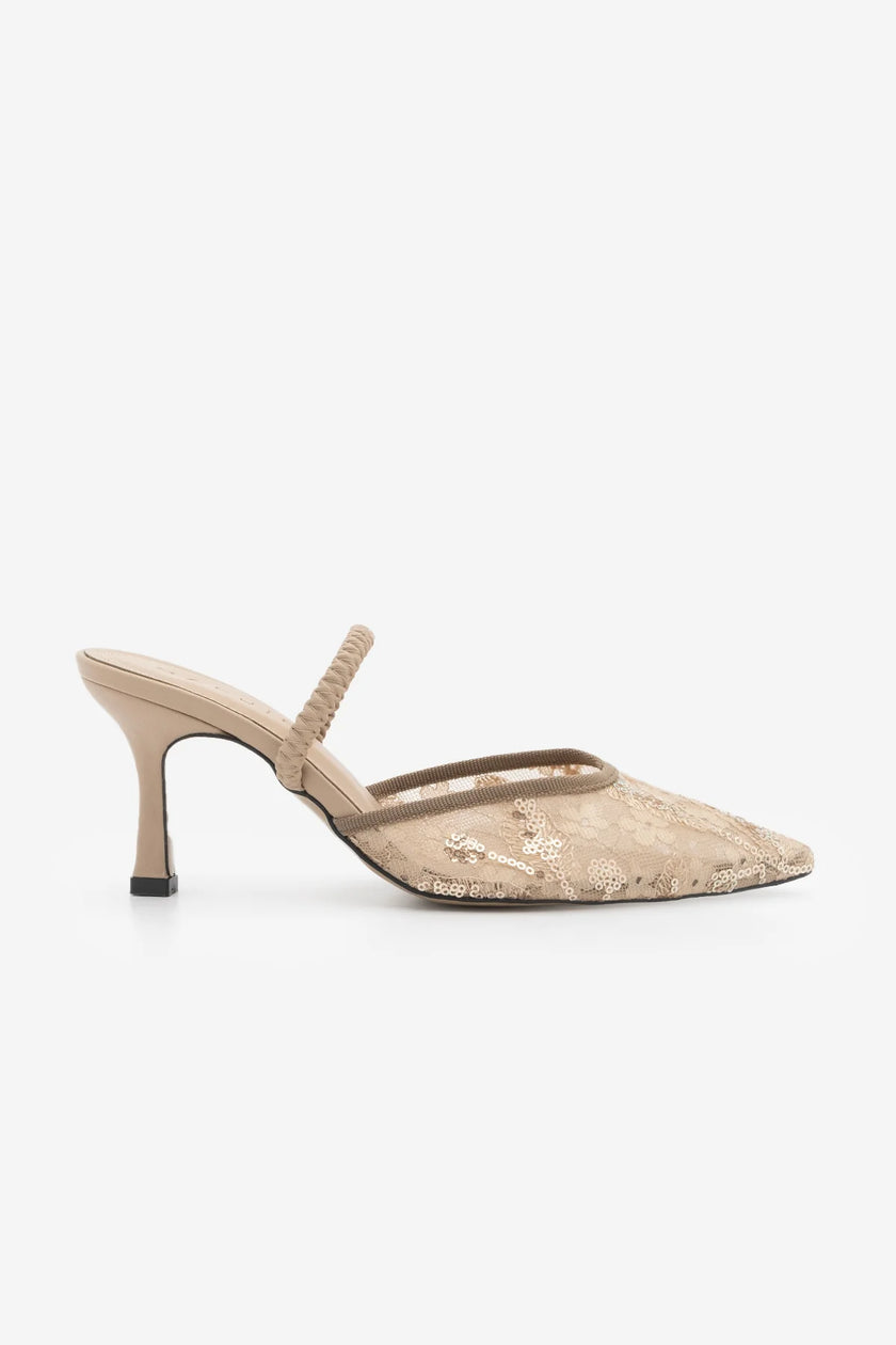 Efolin Beige Mesh Sequin Lace Stiletto Heeled Shoes