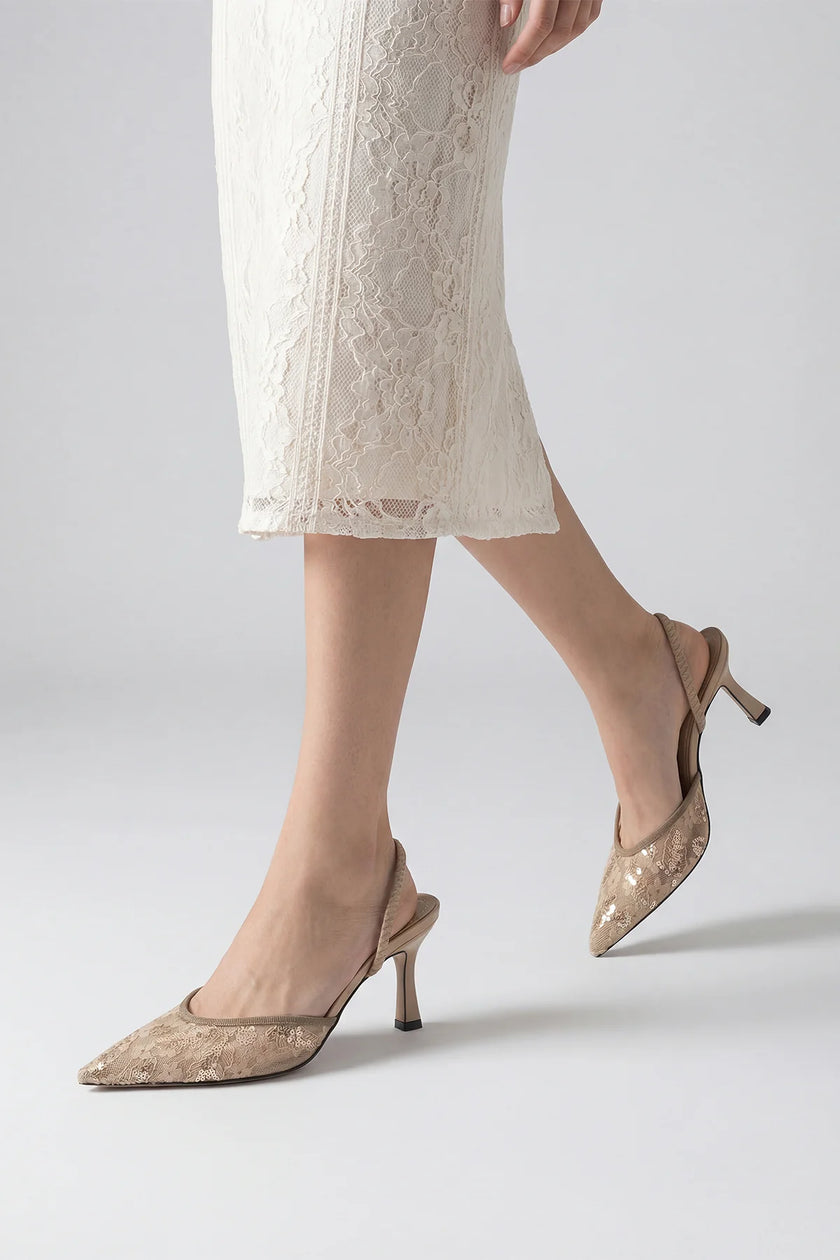 Efolin Beige Mesh Sequin Lace Stiletto Heeled Shoes