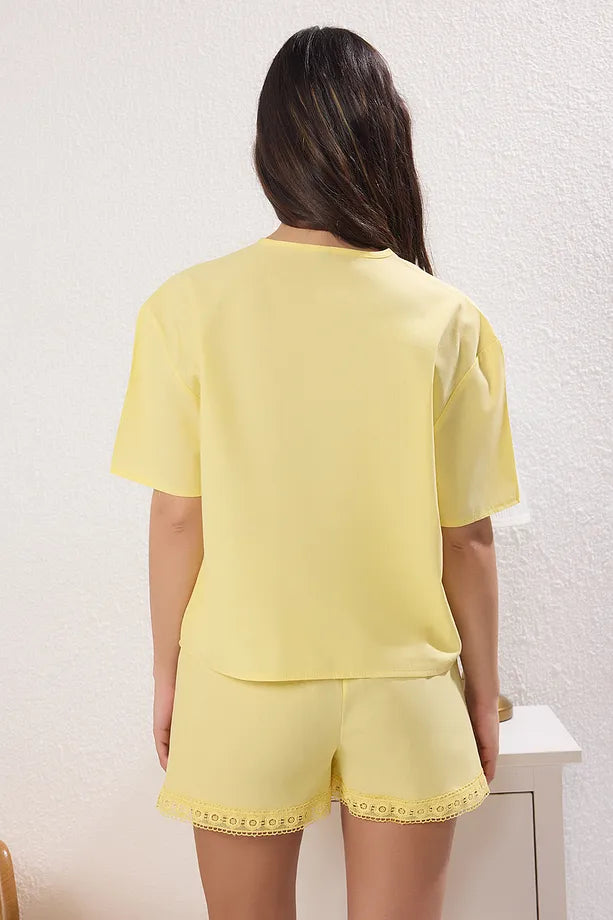 Yellow Embroidered Poplin Woven Pajama Set with Shorts