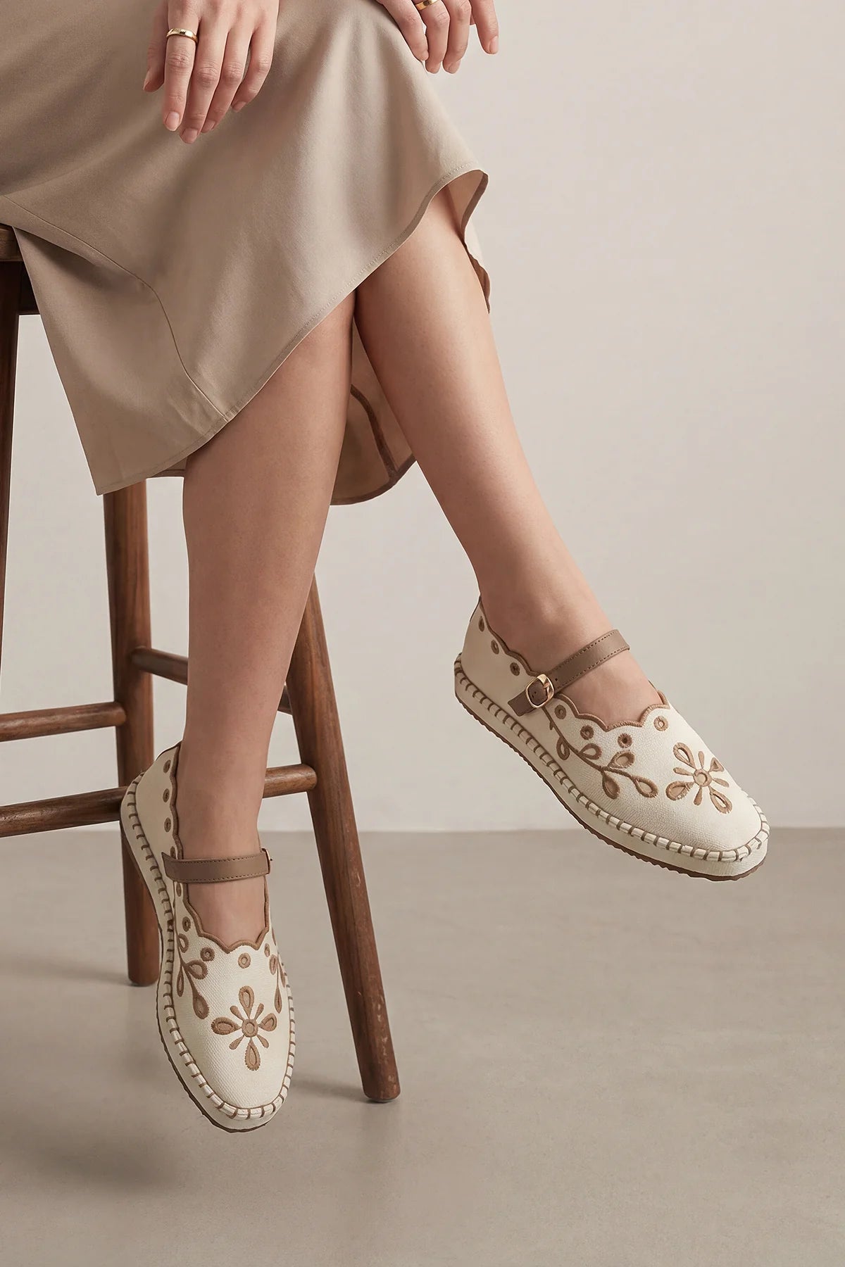 Forven Ecru Linen Women’s Embroidered Strappy Jute Espadrille Ballet Flats