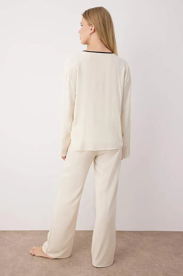 Plain Ribbon Shally Woven Pajama Set