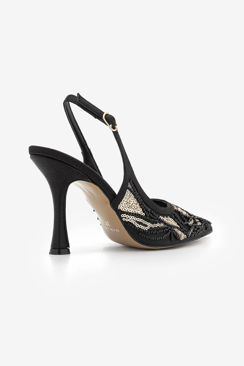 BODEGA Black Satin Beaded Mesh Embellished Women’s Evening Stiletto Heels
