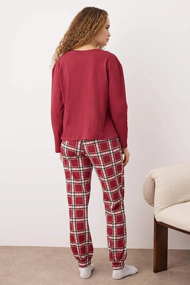 Burgundy  Christmas-Themed Plaid Knitted Pajama Set