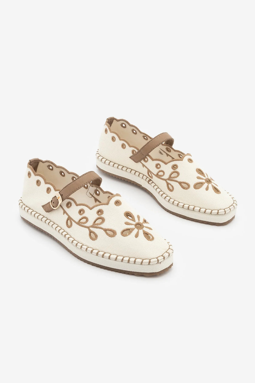 Forven Ecru Linen Women’s Embroidered Strappy Jute Espadrille Ballet Flats