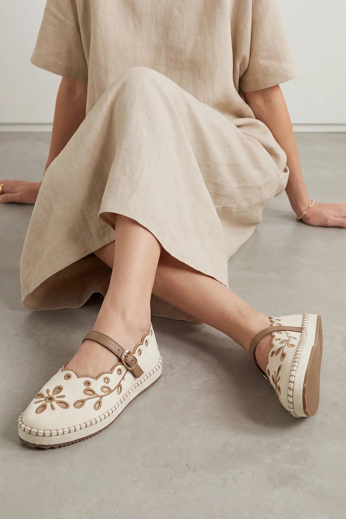 Forven Ecru Linen Women’s Embroidered Strappy Jute Espadrille Ballet Flats