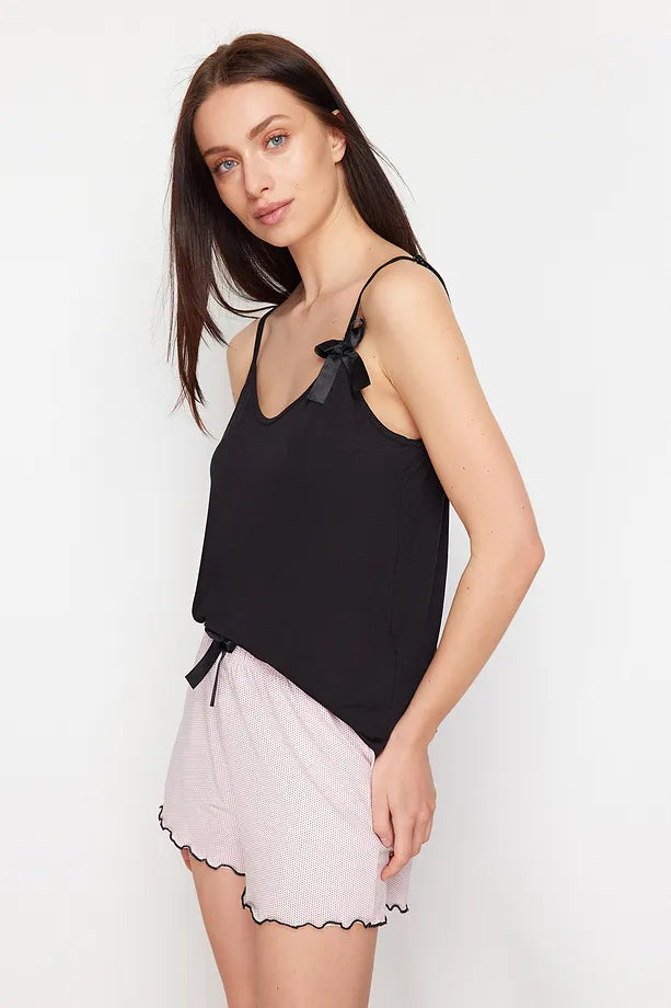 Black-Powder Polka Dot Ribbon/Bow Rope Suspender Shorts Knit Pajama Set