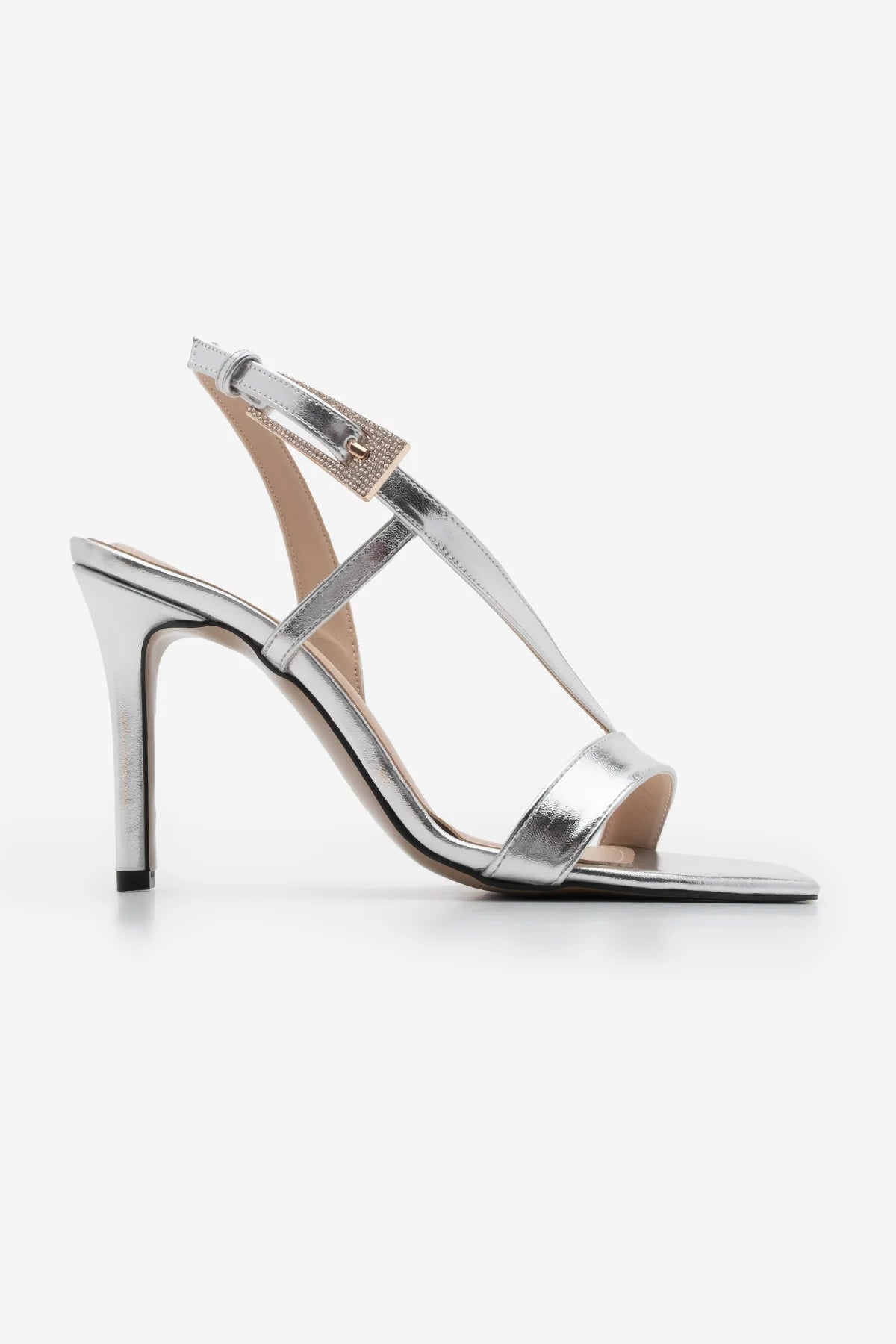 Women's Blunt Toe Stone Buckled Heeled Sandals Ginda - Silver