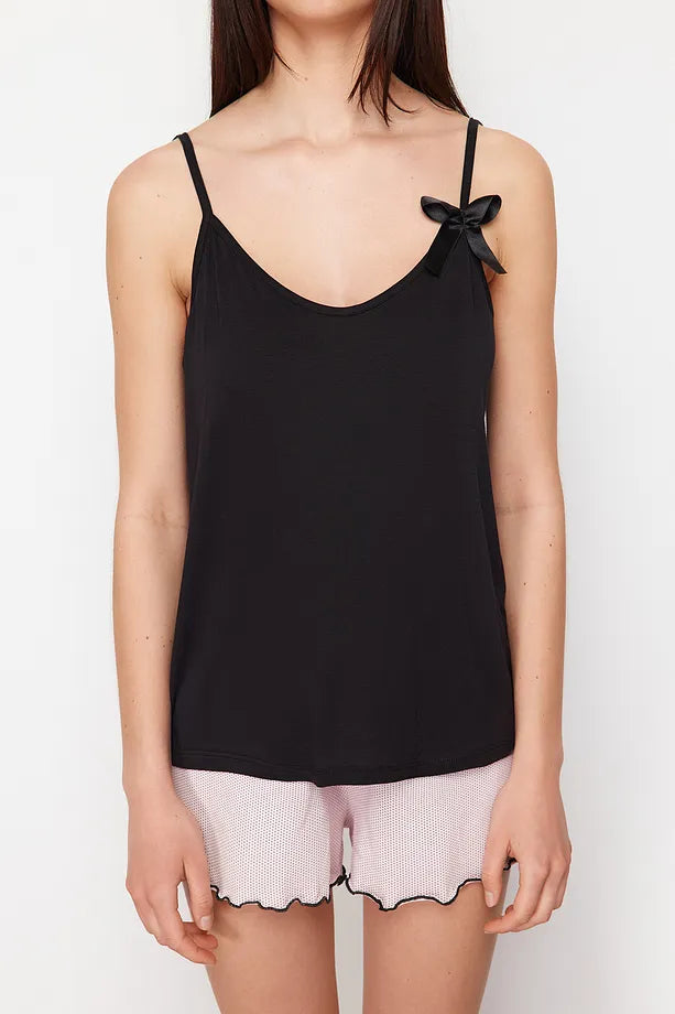 Black-Powder Polka Dot Ribbon/Bow Rope Suspender Shorts Knit Pajama Set