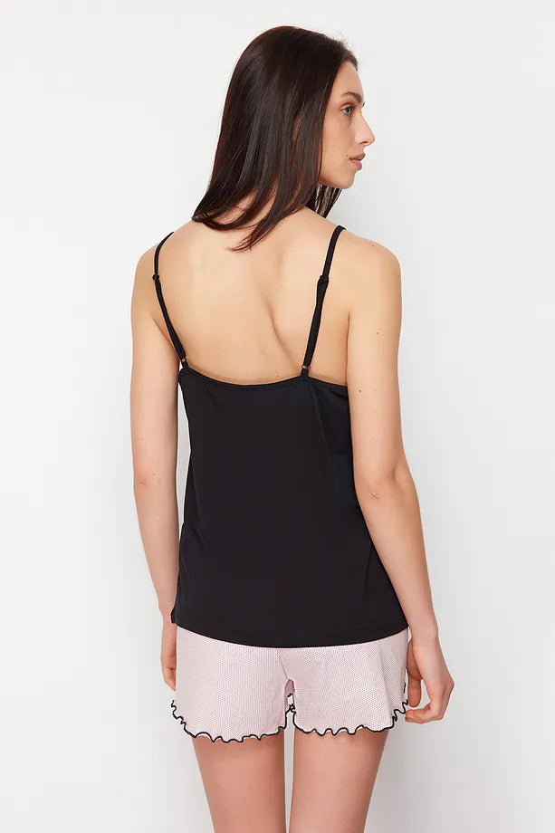 Black-Powder Polka Dot Ribbon/Bow Rope Suspender Shorts Knit Pajama Set