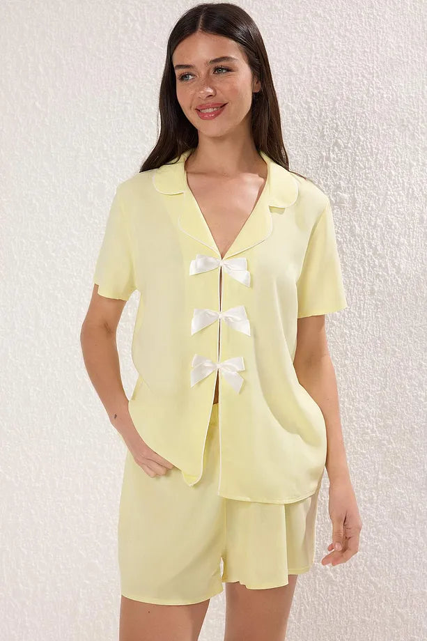 Woven Pajama Set with Viscose Shorts and Yellow Ribbon/Bow and Piping Detail