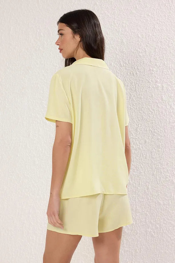 Woven Pajama Set with Viscose Shorts and Yellow Ribbon/Bow and Piping Detail