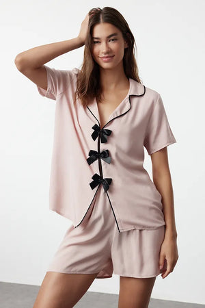 Powder Ribbon/Bow and Piping Detailed Viscose Shorts and Woven Pajama Set