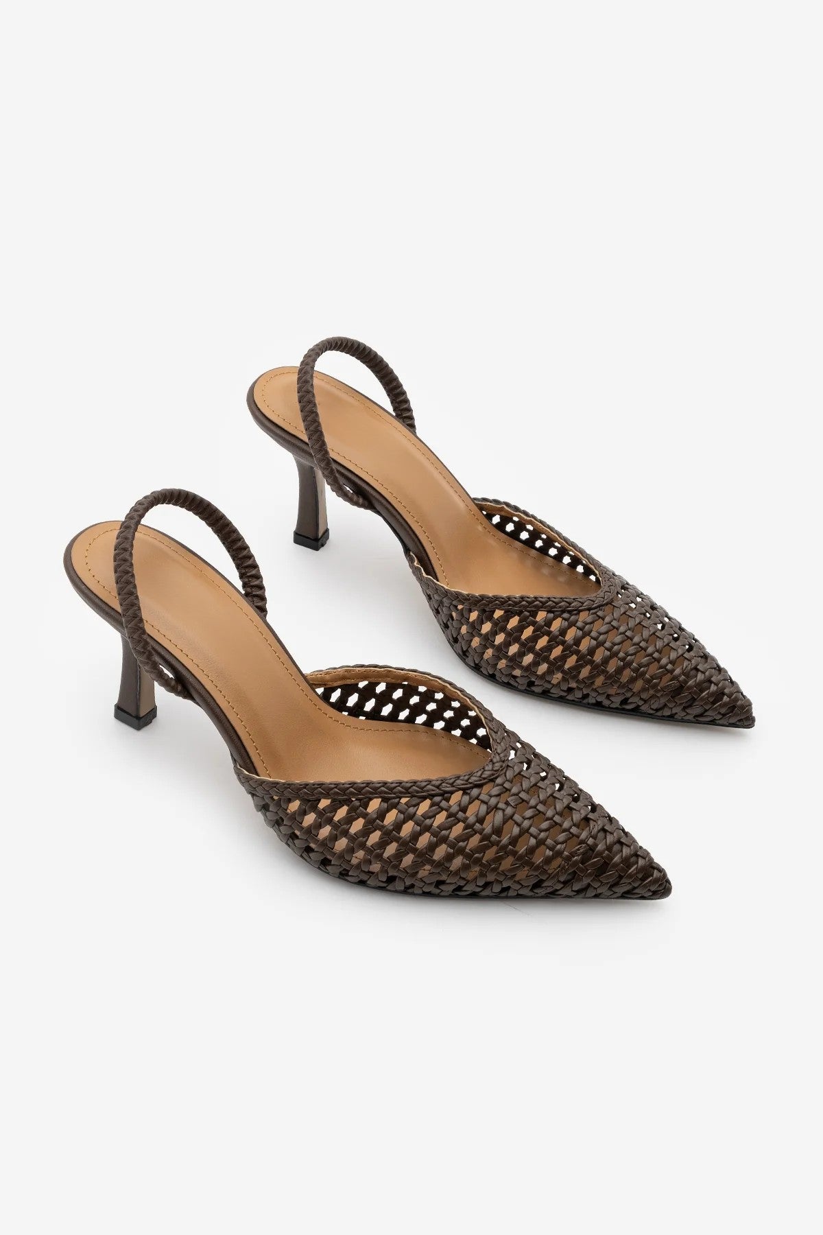 ARFES Coffee Woven Elastic Pointed Toe Women’s Stiletto Heels