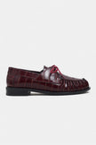 Rebel Burgundy Crocodile-Texture Genuine Leather Lace-Up Flat Women's Loafers