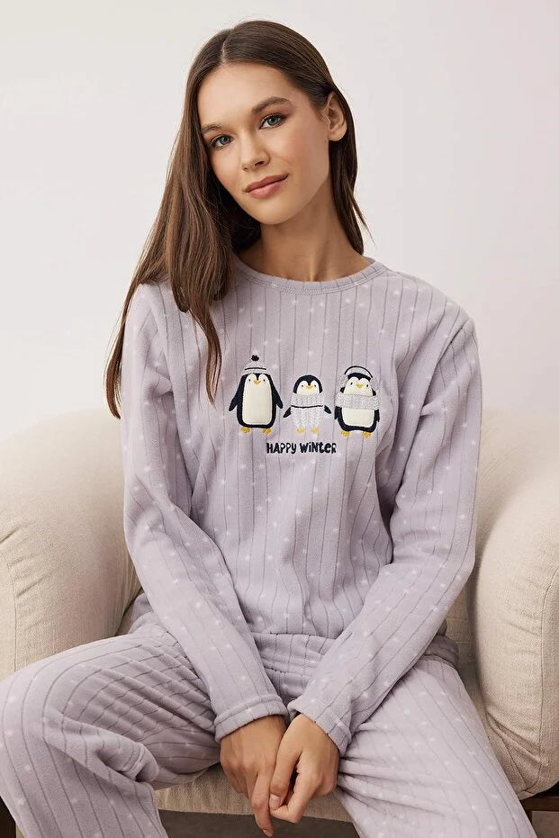 Gray Penguin Patched Polar Fleece Knit Pajama Set