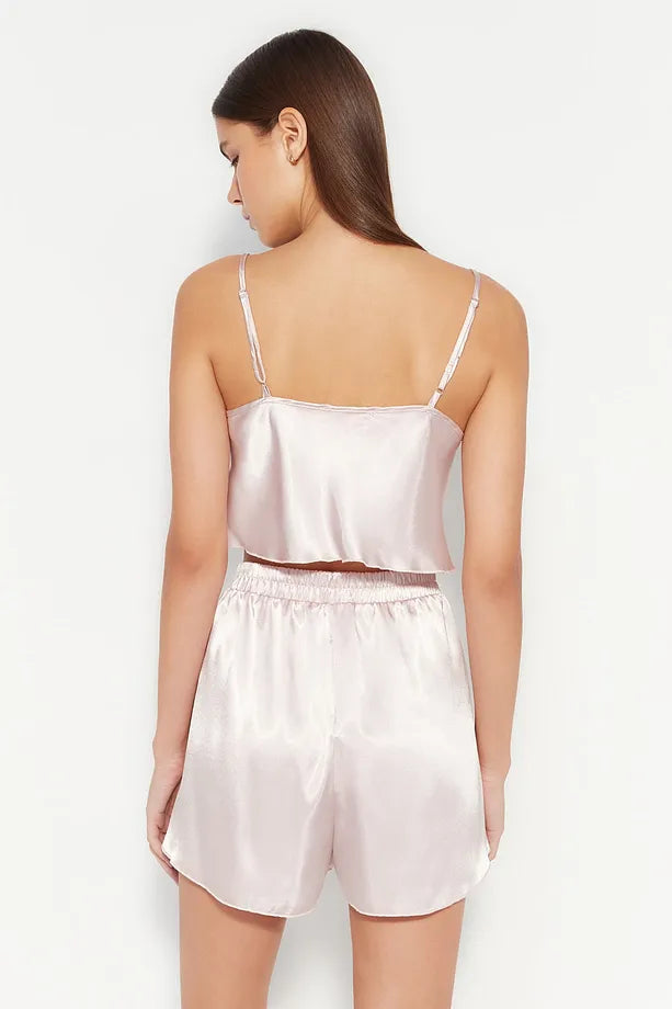 Powder Satin Rope Suspender Woven Pajama Set with Shorts