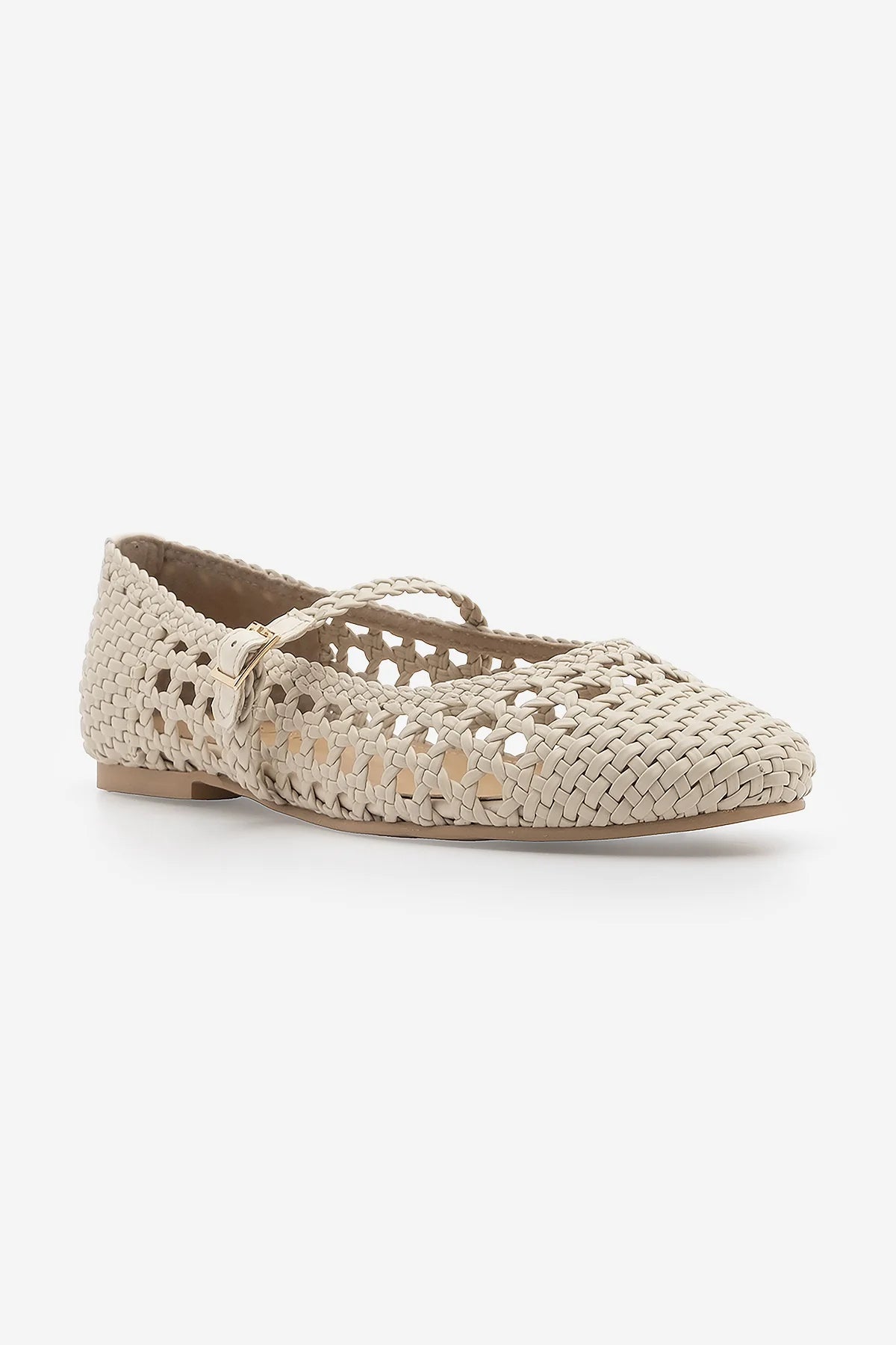 OLISA Beige Hand-Knitted Mary Jane Strap Women’s Ballet Flats