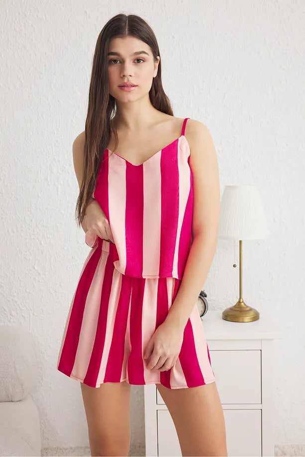 Pink Striped Rope-Strap Viscose Shorts and Woven Pajama Set