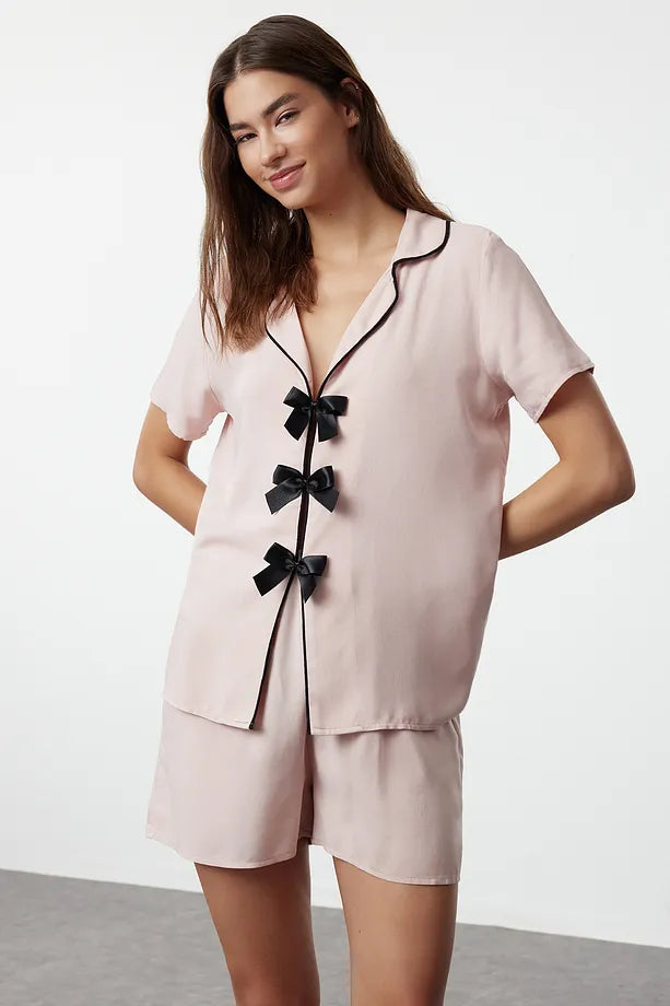 Powder Ribbon/Bow and Piping Detailed Viscose Shorts and Woven Pajama Set
