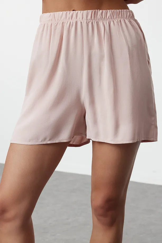 Powder Ribbon/Bow and Piping Detailed Viscose Shorts and Woven Pajama Set