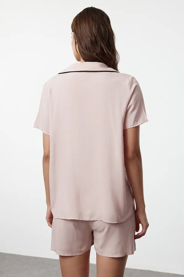 Powder Ribbon/Bow and Piping Detailed Viscose Shorts and Woven Pajama Set