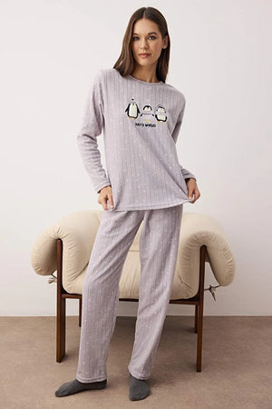 Gray Penguin Patched Polar Fleece Knit Pajama Set