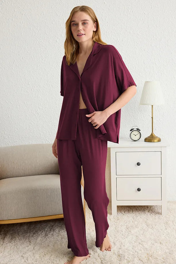 Dark Cherry Relaxed Fit Viscose Maternity Knit Pajama Set