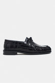 Rebel Black Crocodile-Texture Genuine Leather Lace-Up Flat Women's Loafers