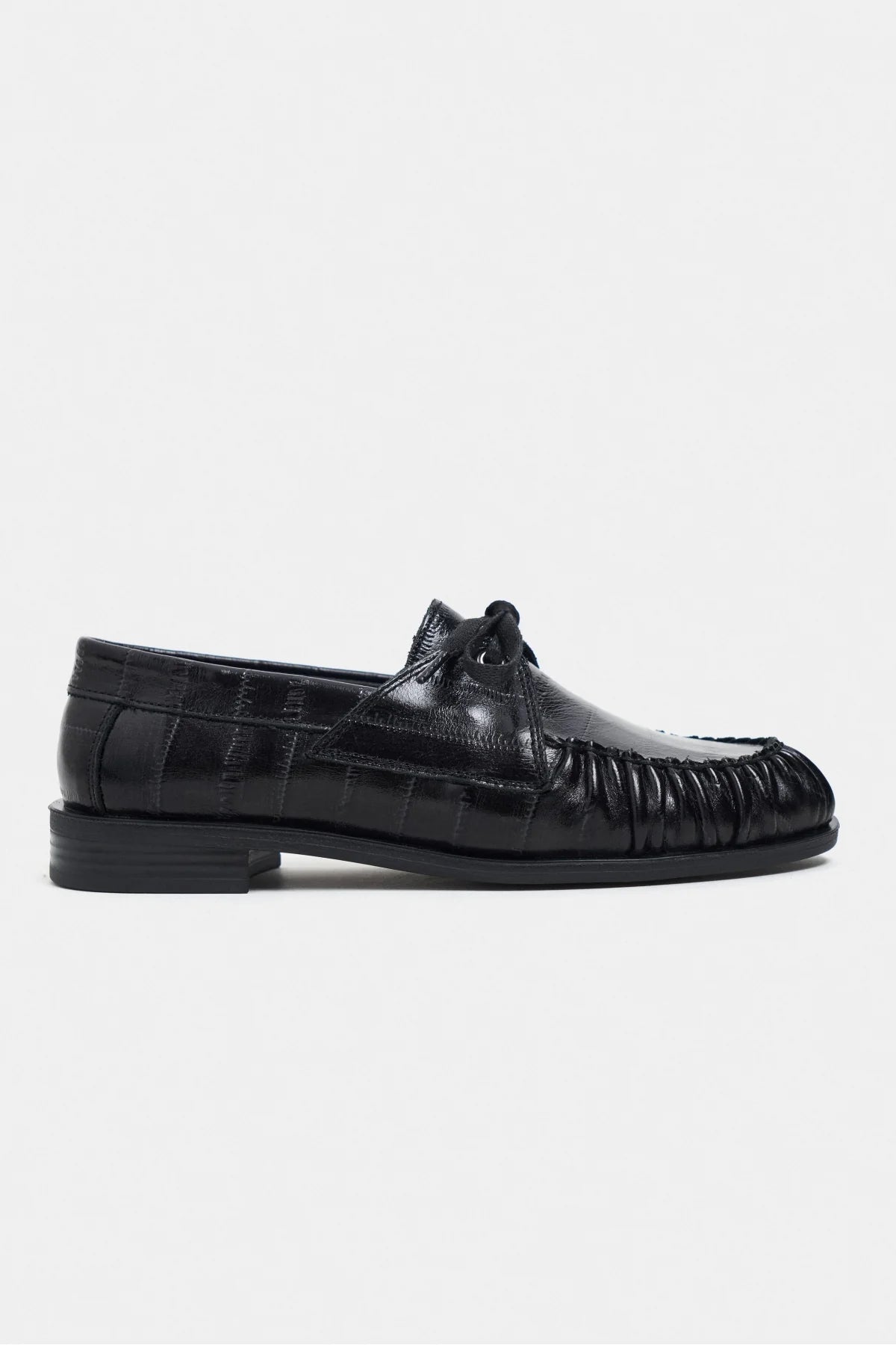 Rebel Black Crocodile-Texture Genuine Leather Lace-Up Flat Women's Loafers