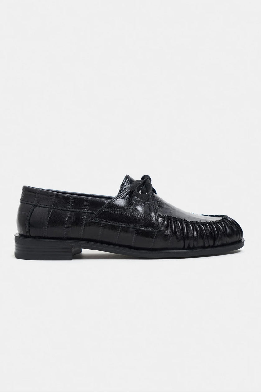 Rebel Black Crocodile-Texture Genuine Leather Lace-Up Flat Women's Loafers