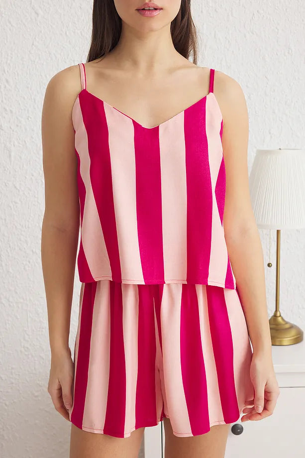 Pink Striped Rope-Strap Viscose Shorts and Woven Pajama Set