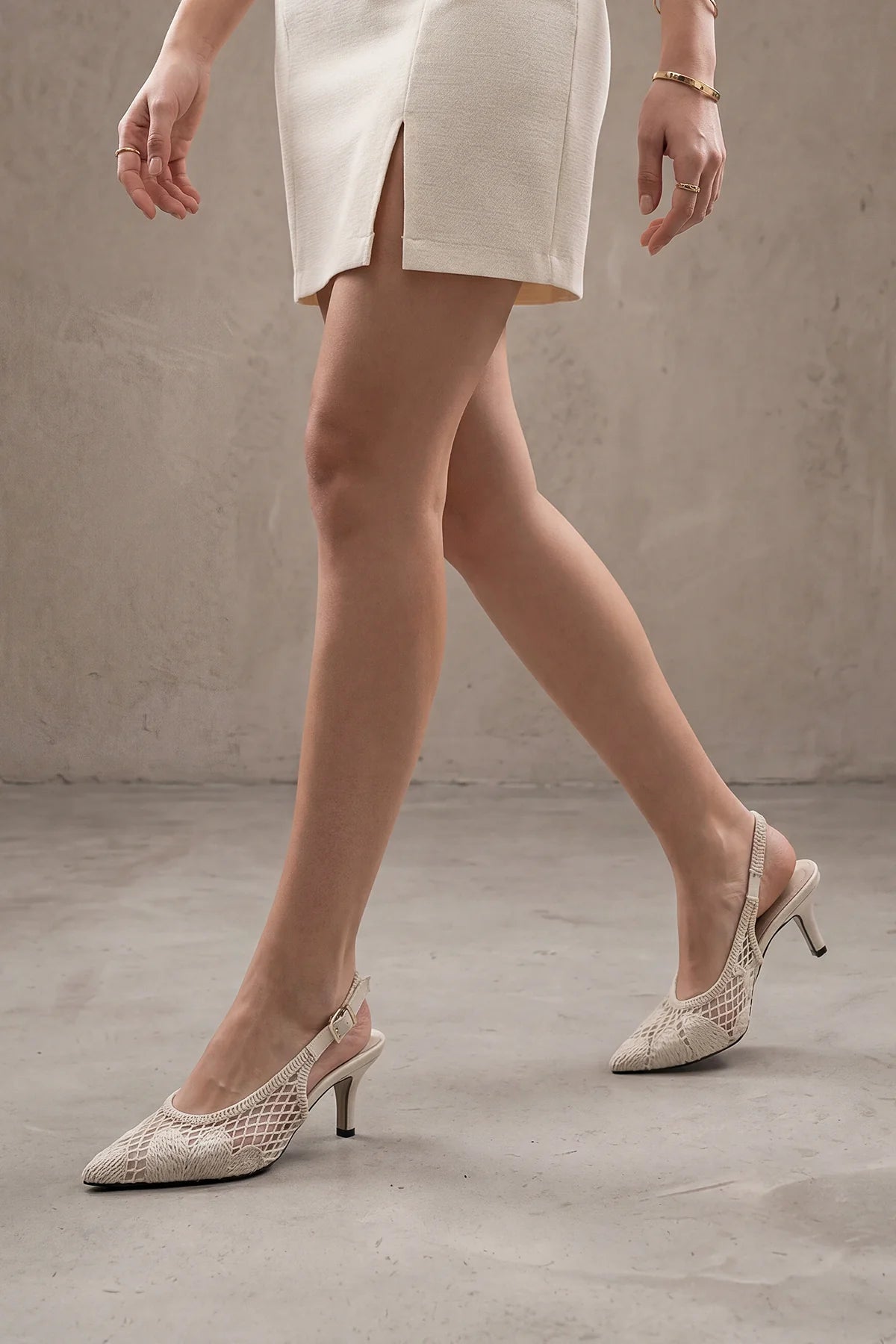 BERZEN Off-White Woven Mesh Embroidered Pointed Toe Women’s Stiletto Heels