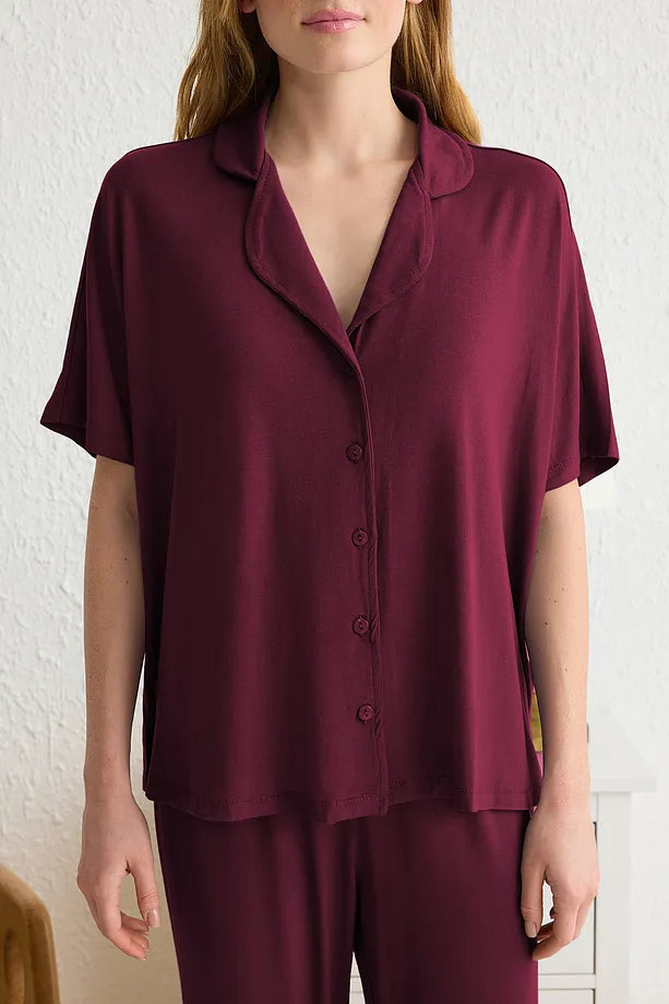 Dark Cherry Relaxed Fit Viscose Maternity Knit Pajama Set