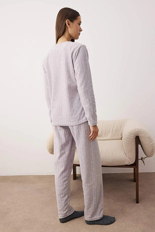 Gray Penguin Patched Polar Fleece Knit Pajama Set