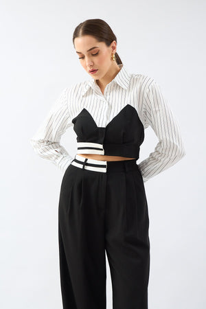 قميص نسائي قصير مخطط بتفاصيل متطابقة - Match Detailed Striped Crop Shirt