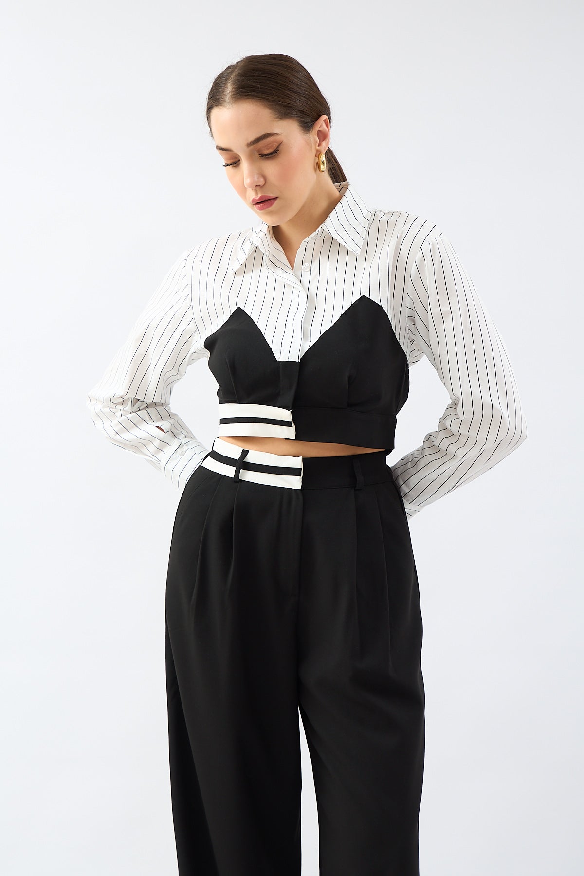 Match Detailed Striped Crop Shirt | CLOTHES | Lebbse Match Detailed Striped Crop Shirt | CLOTHES | Lebbse