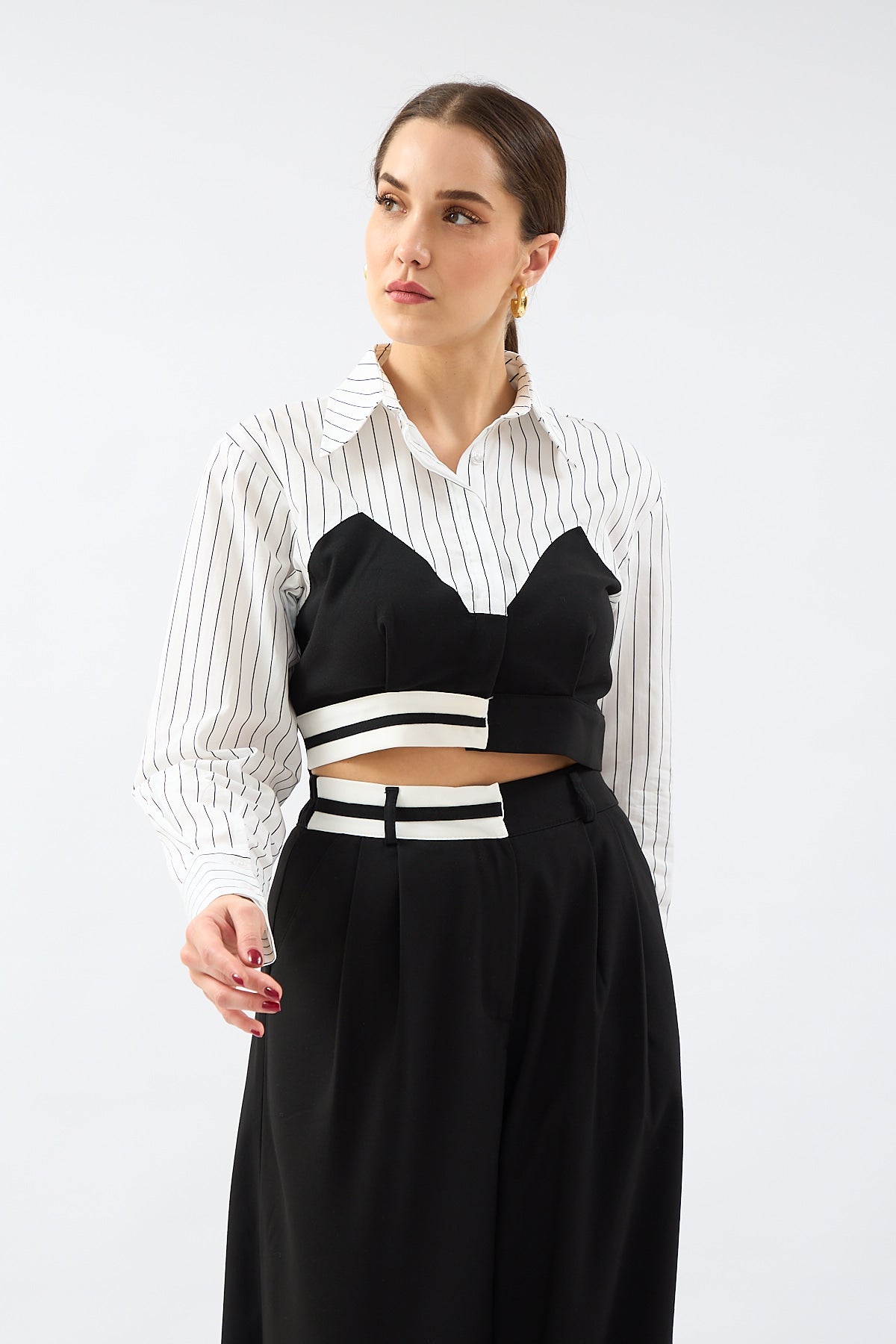 Match Detailed Striped Crop Shirt - Lebbse