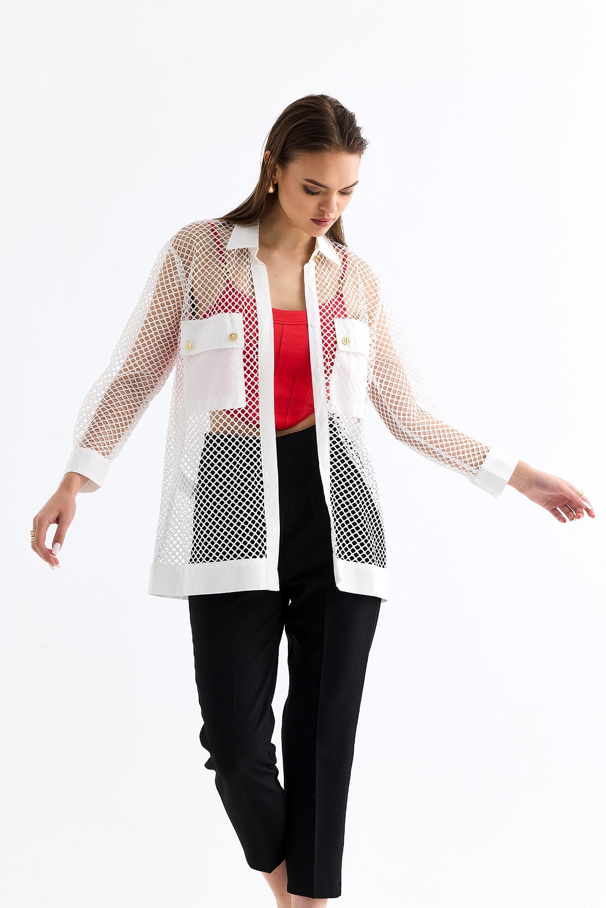 2- قميص شبكي نسائي أبيض - Mesh Shirt White