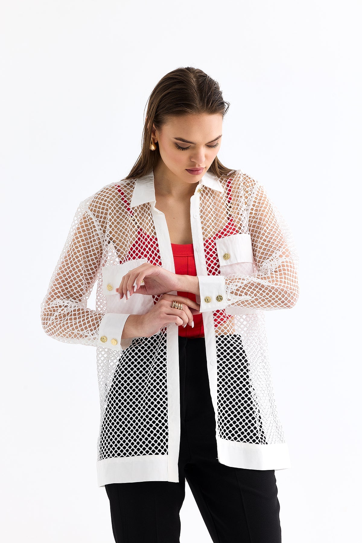 قميص شبكي نسائي أبيض - Mesh Shirt White