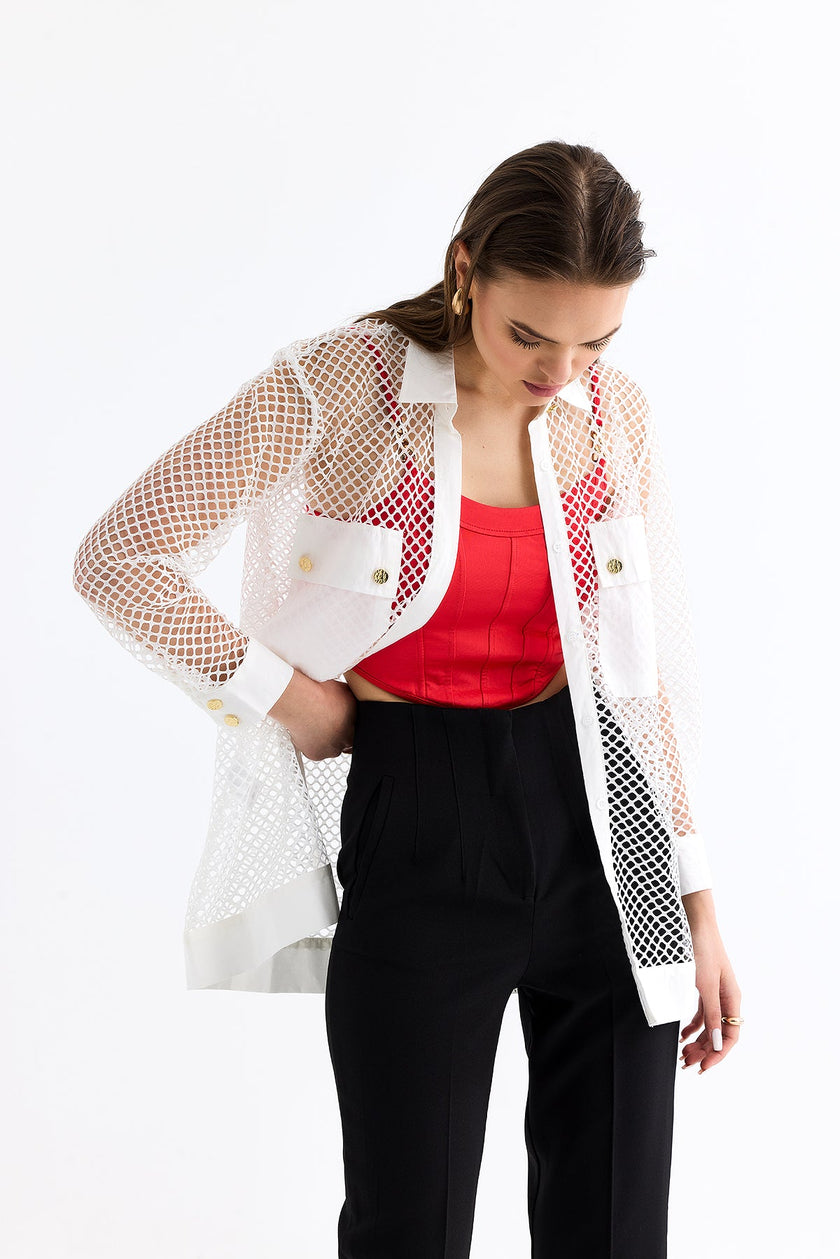 3- قميص شبكي نسائي أبيض - Mesh Shirt White