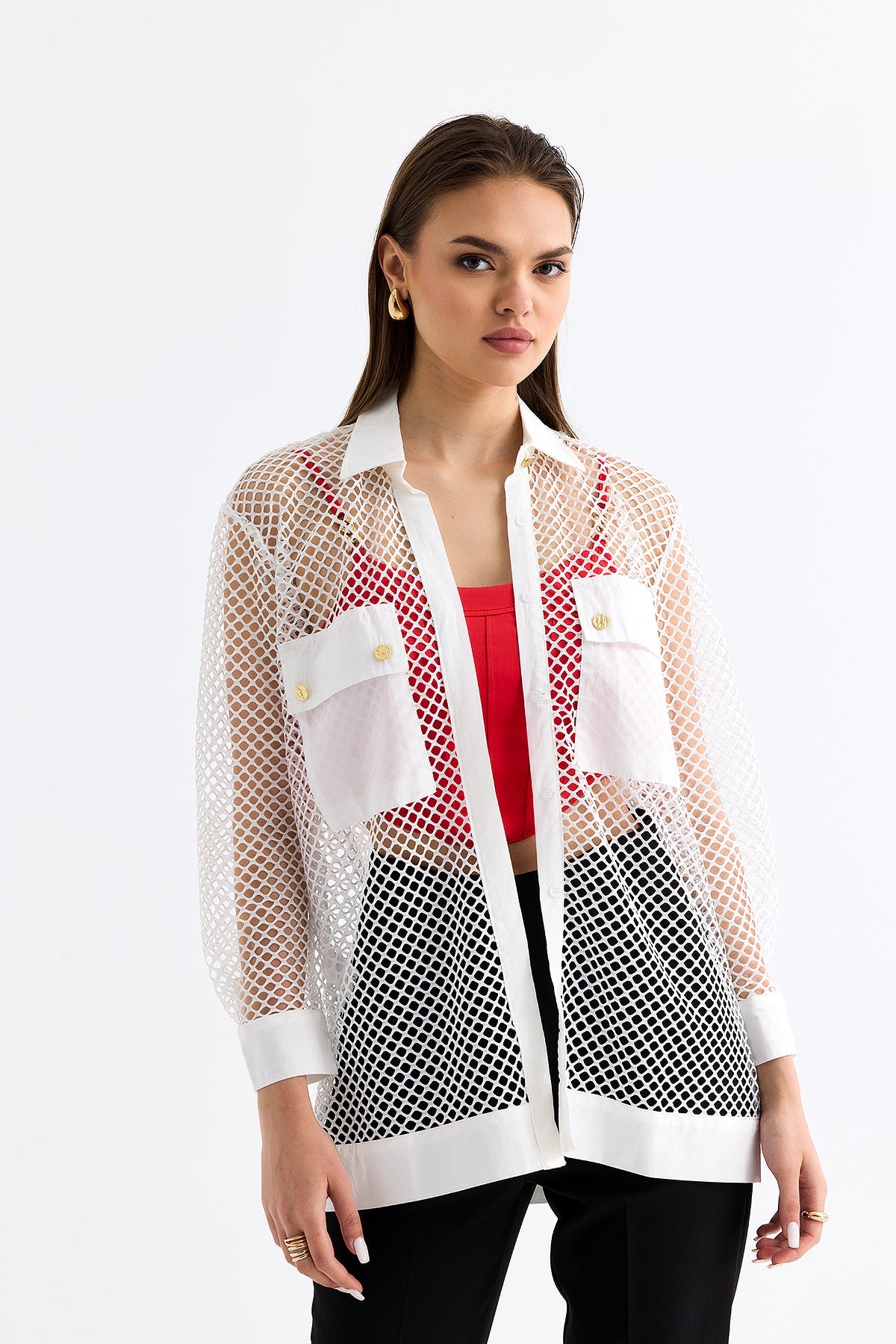 5- قميص شبكي نسائي أبيض - Mesh Shirt White