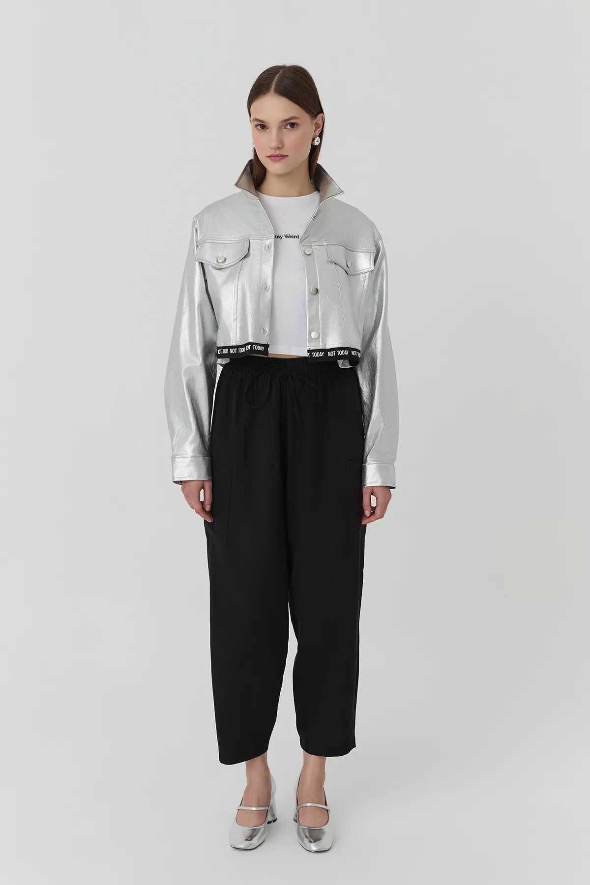 Metallic Short Jacket with Waist Text Print Silver - Lebbse