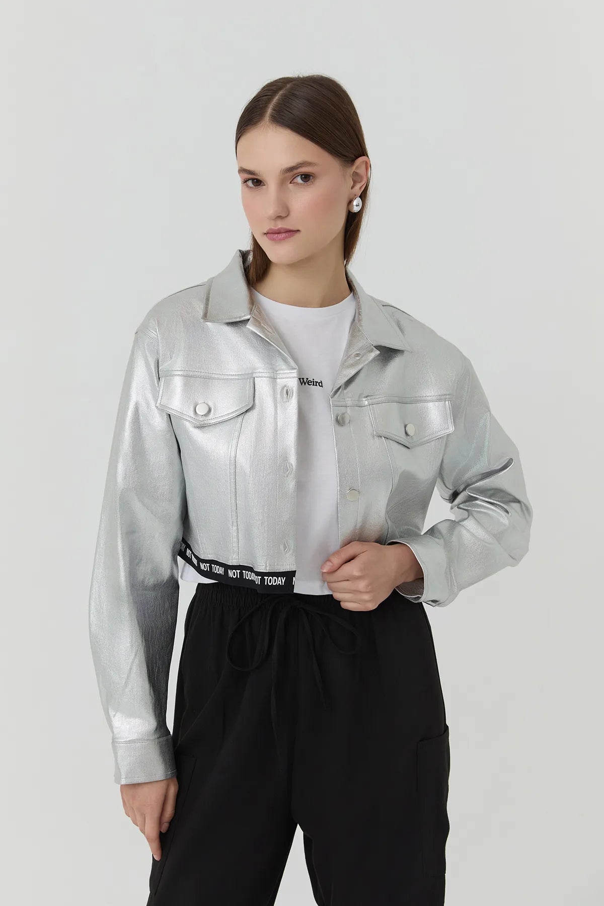 Metallic Short Jacket with Waist Text Print Silver - Lebbse