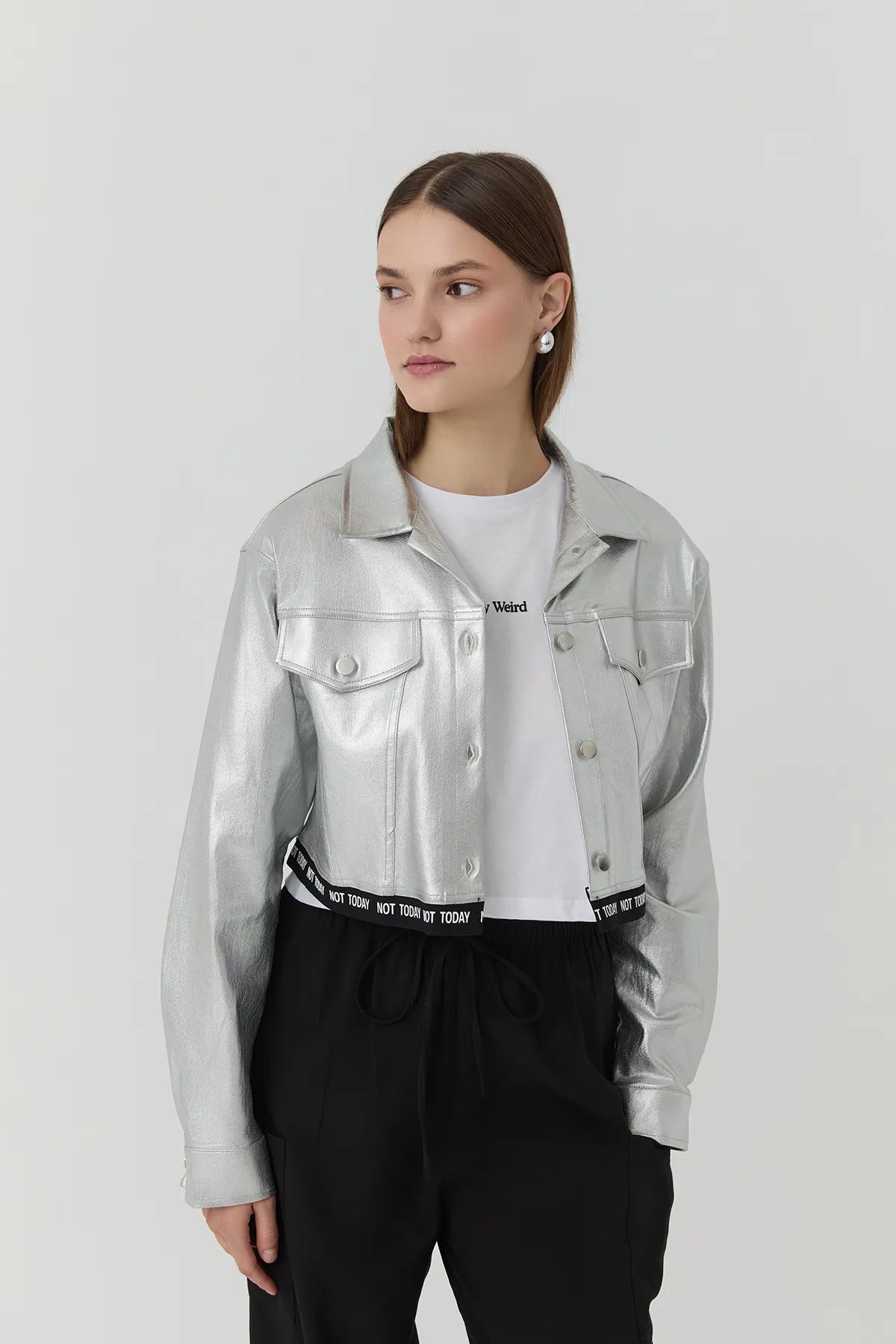 Metallic Short Jacket with Waist Text Print Silver - Lebbse