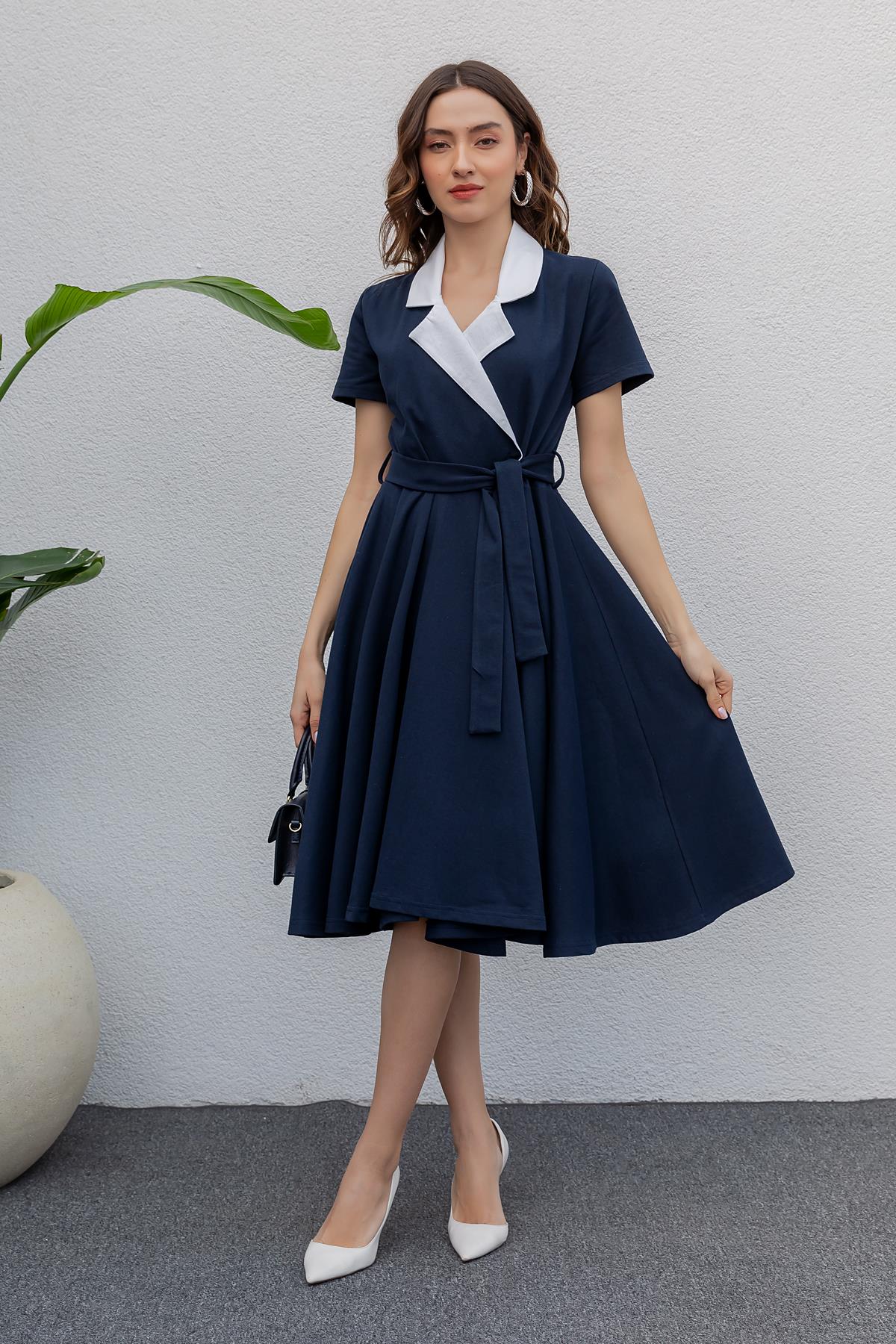 Midi Double Breasted Dress - NAVY BLUE - Lebbse