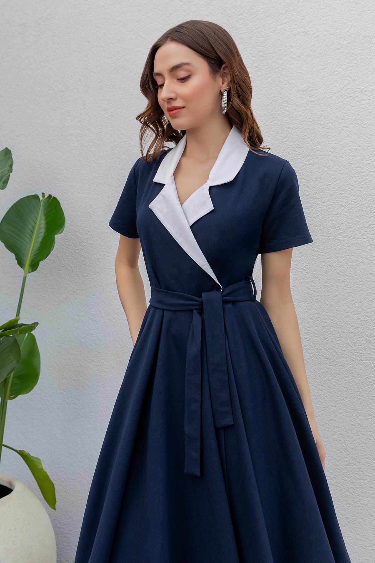 Midi Double Breasted Dress - NAVY BLUE - Lebbse