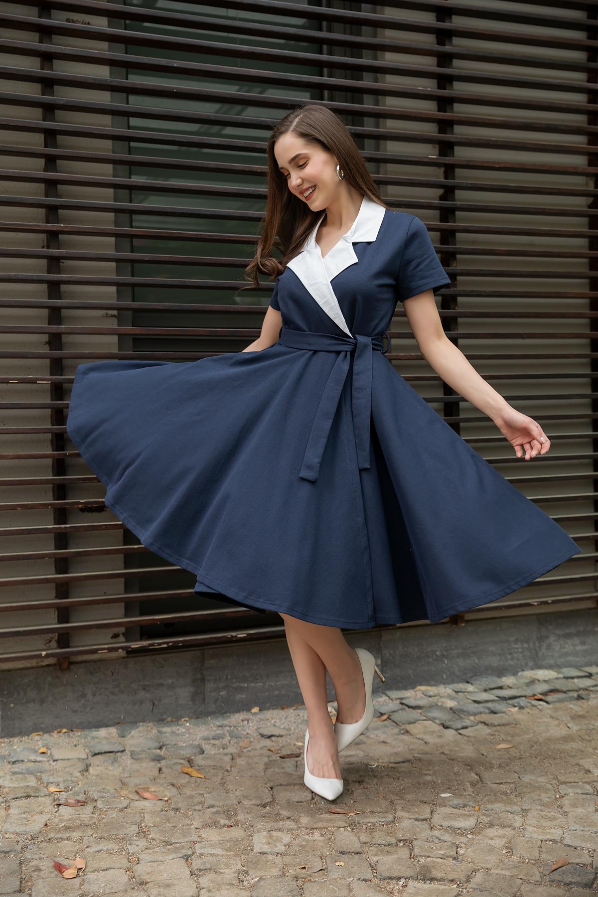 Midi Double Breasted Dress - NAVY BLUE - Lebbse