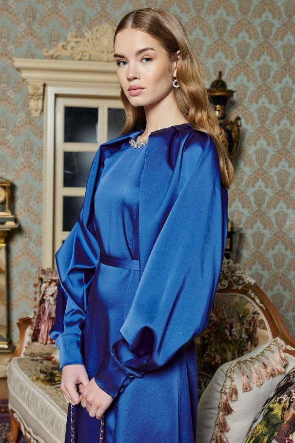 Midnight Blue Dress with Stone Embroidered Collar - Lebbse