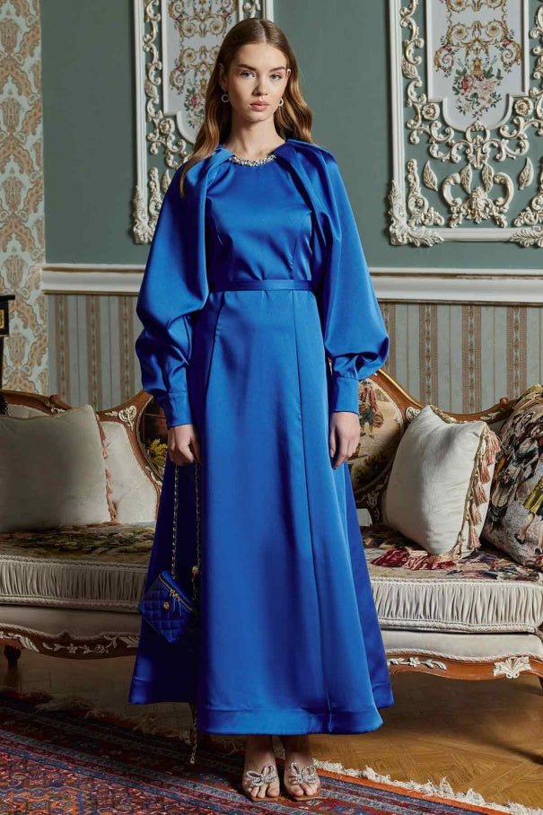 Midnight Blue Dress with Stone Embroidered Collar - Lebbse