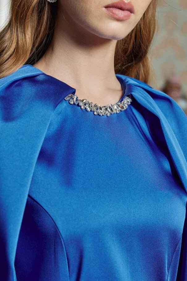 Midnight Blue Dress with Stone Embroidered Collar - Lebbse